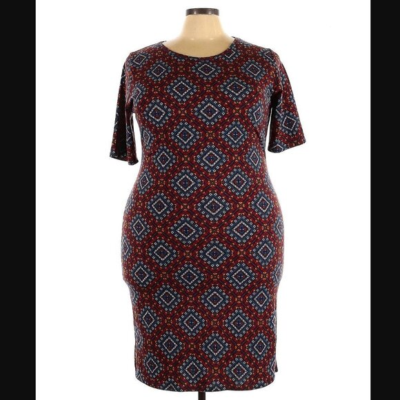 Lularoe Julia Bodycon Dress Blue Red Geometric - Picture 1 of 11